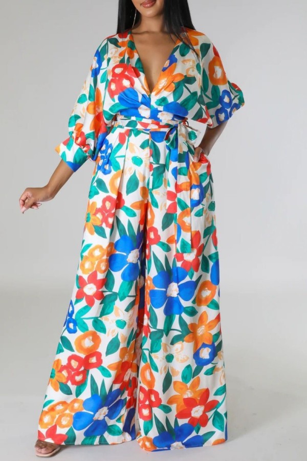 Multicolor Casual Print Patchwork V Neck Regular Jumpsuits