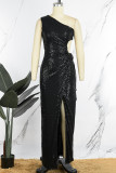 Pink Sexy Formal Patchwork Hollowed Out Sequins Frenulum Slit Oblique Collar Evening Dress Dresses
