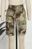 Camouflage Street Camouflage Print Patchwork Pocket Contrast Regular Mid Waist Straight Full Print Bottoms