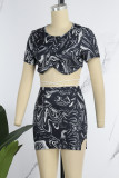 Blue Print Bandage Patchwork Slit O Neck Short Sleeve Two Pieces