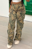 Camel Street Camouflage Print Patchwork Pocket Regular High Waist Wide Leg Full Print Bottoms