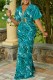 Green Casual Print Hollowed Out Frenulum V Neck Regular Jumpsuits