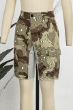 Camouflage Street Camouflage Print Patchwork Pocket Contrast Regular Mid Waist Straight Full Print Bottoms