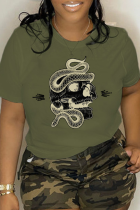 Army Green Casual Daily Print Skull Patchwork O Neck T-Shirts