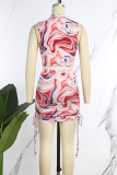 Pink Sexy Print Patchwork Draw String Fold Half A Turtleneck Sleeveless Two Pieces