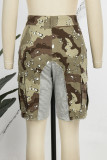 Camouflage Street Camouflage Print Patchwork Pocket Contrast Regular Mid Waist Straight Full Print Bottoms