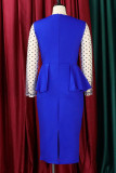 Blue Casual Work Solid Patchwork Buttons Flounce Asymmetrical Collar Dresses
