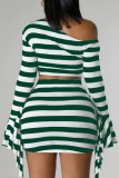 Red Casual Striped Print Patchwork Oblique Collar Long Sleeve Two Pieces
