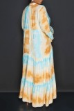 Light Blue Casual Print Patchwork V Neck Long Sleeve Dresses