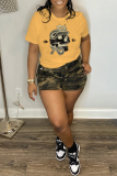 Yellow Casual Daily Print Skull Patchwork O Neck T-Shirts