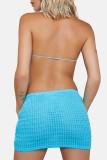 Blue Sexy Solid Hollowed Out Backless Half A Turtleneck Sleeveless Two Pieces