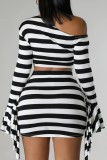 Red Casual Striped Print Patchwork Oblique Collar Long Sleeve Two Pieces
