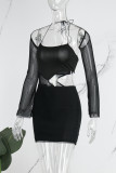 Black Sexy Solid Hollowed Out Spaghetti Strap Long Sleeve Dresses