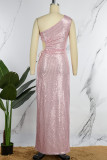 Pink Sexy Formal Patchwork Hollowed Out Sequins Frenulum Slit Oblique Collar Evening Dress Dresses