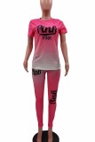 Pink Casual Gradual Change Print Letter O Neck Short Sleeve Two Pieces