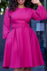 Rose Red Elegant Solid Patchwork Zipper O Neck A Line Dresses(With Belt)
