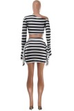 Red Casual Striped Print Patchwork Oblique Collar Long Sleeve Two Pieces