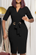 Black Elegant Solid Patchwork Frenulum Metal Accessories Decoration Slit V Neck Wrapped Skirt Dresses