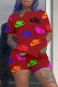 Red Casual Print Letter O Neck Short Sleeve Two Pieces