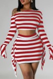 Red Casual Striped Print Patchwork Oblique Collar Long Sleeve Two Pieces
