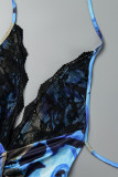 Blue Sexy Print Patchwork Frenulum Backless Halter Irregular Dress Dresses