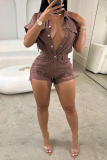 Rose Red Street Solid Tassel Ripped Patchwork Buckle Turndown Collar Regular Rompers