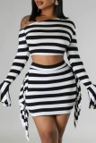 Red Casual Striped Print Patchwork Oblique Collar Long Sleeve Two Pieces