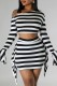 Black And White Casual Striped Print Patchwork Oblique Collar Long Sleeve Two Pieces