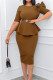 Dark Khaki Casual Solid Patchwork Flounce O Neck One Step Skirt Dresses