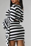 Red Casual Striped Print Patchwork Oblique Collar Long Sleeve Two Pieces
