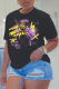 Dark Gray Street Daily Print Patchwork O Neck T-Shirts
