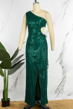 Pink Sexy Formal Patchwork Hollowed Out Sequins Frenulum Slit Oblique Collar Evening Dress Dresses