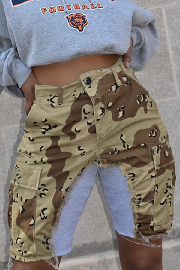 Camouflage Street Camouflage Print Patchwork Pocket Contrast Regular Mid Waist Straight Full Print Bottoms