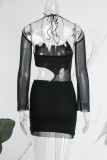 Black Sexy Solid Hollowed Out Spaghetti Strap Long Sleeve Dresses