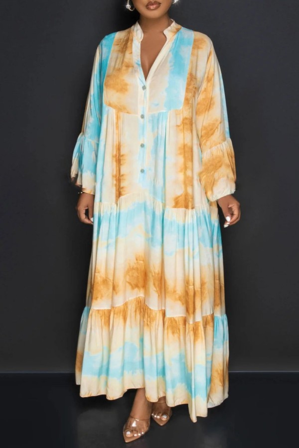 Light Blue Casual Print Patchwork V Neck Long Sleeve Dresses