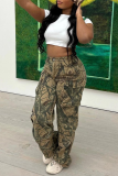 Camel Street Camouflage Print Patchwork Pocket Regular High Waist Wide Leg Full Print Bottoms