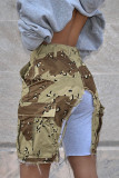 Camouflage Street Camouflage Print Patchwork Pocket Contrast Regular Mid Waist Straight Full Print Bottoms