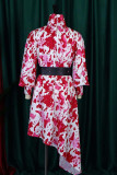Rose Red Fashion Casual Print Patchwork With Belt Turtleneck Irregular Dress Dresses(Contain The Belt)