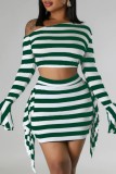 Red Casual Striped Print Patchwork Oblique Collar Long Sleeve Two Pieces