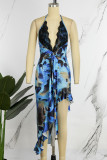 Blue Sexy Print Patchwork Frenulum Backless Halter Irregular Dress Dresses