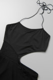 Black Sexy Solid Hollowed Out Spaghetti Strap Long Sleeve Dresses