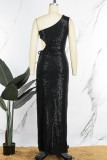 Pink Sexy Formal Patchwork Hollowed Out Sequins Frenulum Slit Oblique Collar Evening Dress Dresses