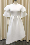 White Casual Elegant Solid Patchwork Flounce Half A Turtleneck Evening Dress Dresses