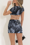 Blue Print Bandage Patchwork Slit O Neck Short Sleeve Two Pieces