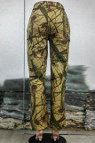 Camel Street Camouflage Print Patchwork Pocket Regular High Waist Wide Leg Full Print Bottoms