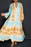 Light Blue Casual Print Patchwork V Neck Long Sleeve Dresses
