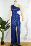 Pink Sexy Formal Patchwork Hollowed Out Sequins Frenulum Slit Oblique Collar Evening Dress Dresses