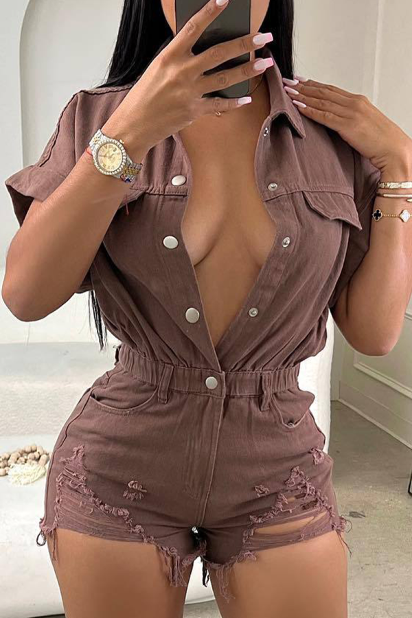 Brown Street Solid Tassel Ripped Patchwork Buckle Turndown Collar Regular Rompers