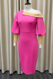 Pink Casual Elegant Solid Patchwork Asymmetrical Collar Pencil Skirt Dresses