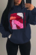Navy Blue Street Daily Character Print Draw String Hooded Collar Tops